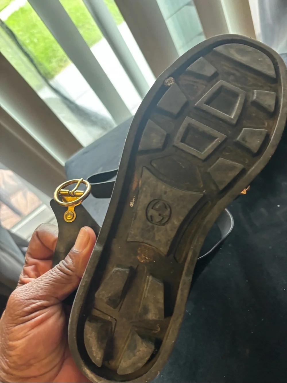 Black Gucci Studded Gladiator Sandals with Gold Accents